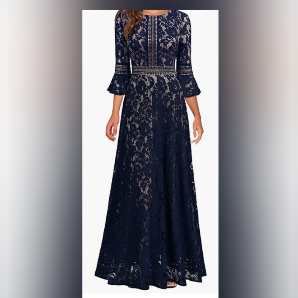 Vintage Style Navy Blue Lace Women Maxi Dress Formal